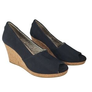 TOMS Canvas Cork Wedge Women 8.5 Black Peep Toe Platform Sandals Boho Chic Beach